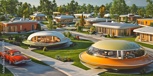 Futuristic Houses Community, Retro Sci-Fi Neighborhood, Mid-Century Modern Landscape, Unique Architecture, Vintage Futurism Artwork