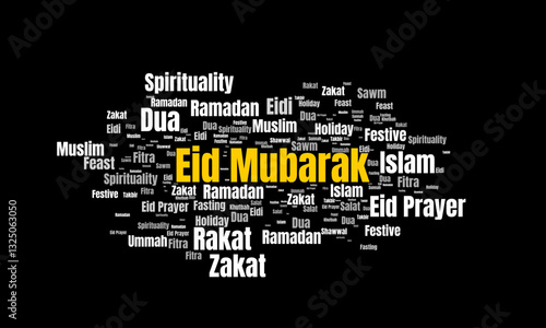 Creative word cloud with 'Eid Mubarak' prominently displayed surrounded by terms celebrating Islam. Perfect for festive or cultural representations.