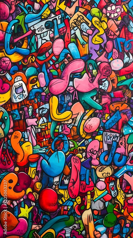 Fototapeta premium Colorful painting of letters and shapes with a lot of pink and blue. The painting is full of life and energy, and it seems to be a representation of the artist's creativity and imagination