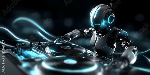 Futuristic DJ Robot Artwork, Sci-Fi Music Illustration, Cybernetic DJ at Turntables, Neon Lights DJ Robot, High-Tech DJ Art