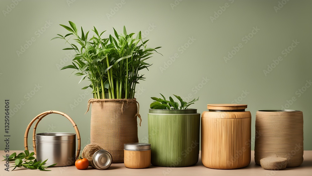 Stylish bamboo metal containers green plants create a calm, natural home atmosphere. Stylish bamboo metal containers green plants create a calm, natural home atmosphere.