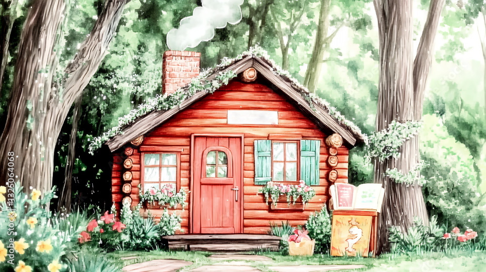 Charming Red Log Cabin in Lush Green Forest Watercolor Painting Charming Red Log Cabin in Lush Green Forest Watercolor Painting