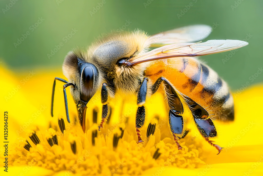 A close-up of a honeybee collecting pollen from a vibrant yellow flower, showcasing its delicate features and the beauty of nature. A close-up of a honeybee collecting pollen from a vibrant yellow flower, showcasing its delicate features and the beauty of nature.