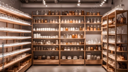 Wooden shelves overflowing glass jars filled various grains food items, creating a visually appealing organized pantry scene.