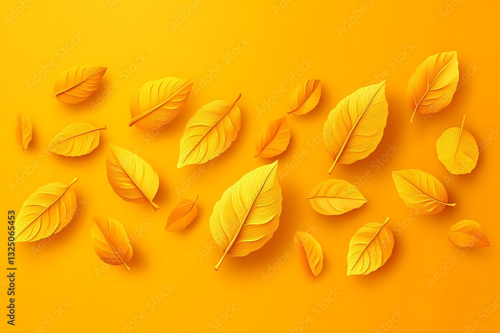 Fototapeta premium Autumnal Cascade: Golden Leaves on Vibrant Orange Backdrop, Fall Season