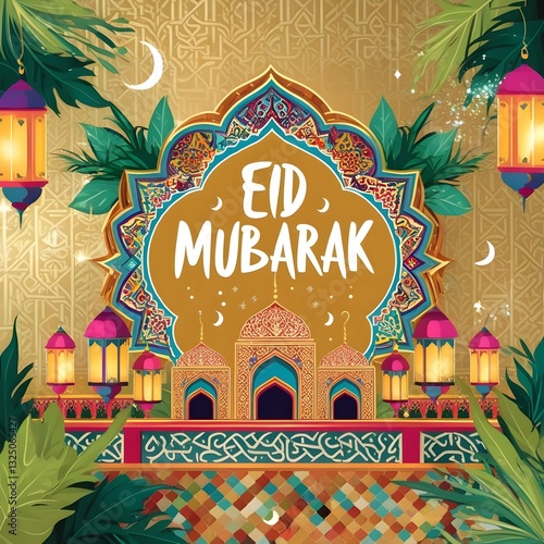 Eid Mubarak calligraphie dorée avec motifs islamiques