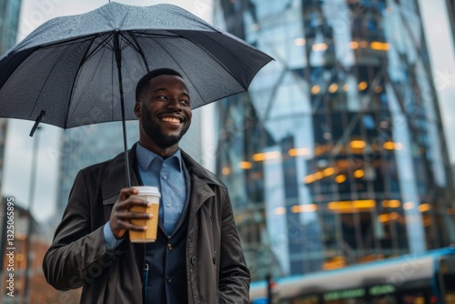 Horizontal image of dark-skinned African entrepreneur walking under dark umbrella along busy street holding cup of coffee in hand, smiling happily as he is watching street and dreaming about future