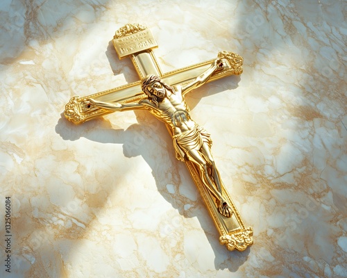 Detailed gold crucifix, A stunning golden crucifix laid on a marble surface, capturing light beautifully in a serene setting.