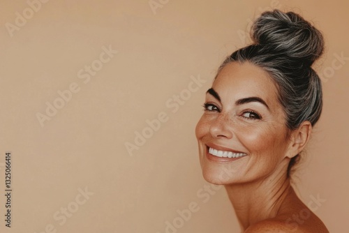 Happy and confident mature woman smiling and displaying natural beauty. Generated AI