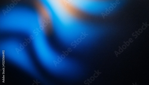 Blue light leaks and gradient over an abstract grainy background. Grainy colorful warm blue light leaks on a black background with a dust texture. Blue wavy abstract background for presentation