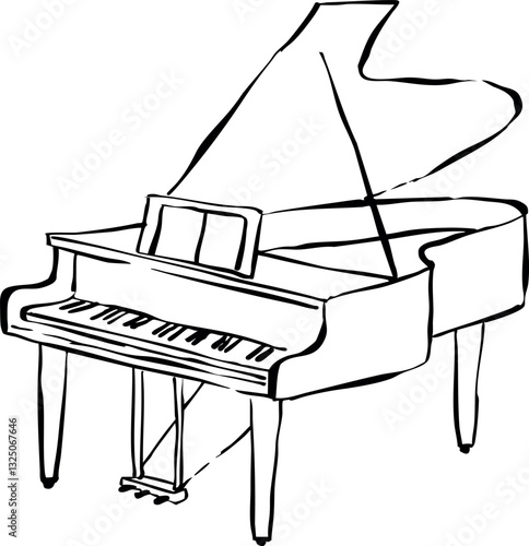 Ilustración vectorial de piano. Boceto de piano de cola. Garabato de instrumento musical. Ilustración para invitación, papelería y branding.