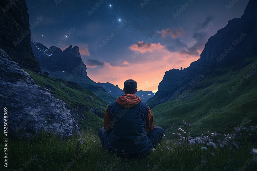 Fototapeta premium fellow peering at a stellar dusk in a quiet alpine vista with bold lime grass between jagged hill boulders 