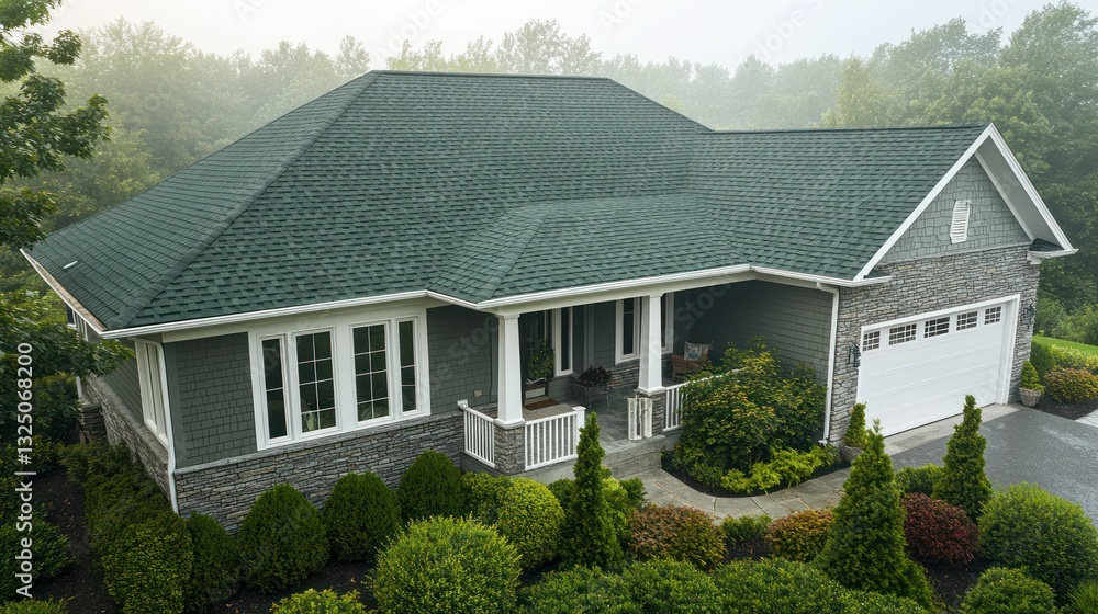 A top-down view of a house with a forest green shingle roof, stone grey exterior, and white trim
