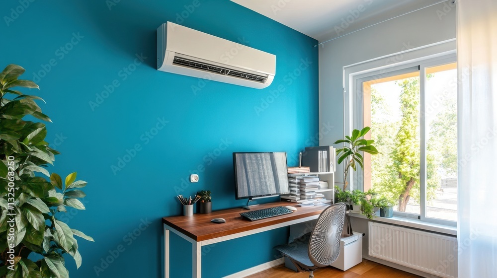 Fototapeta premium A stylish wall-mounted air conditioner in a minimalist workspace