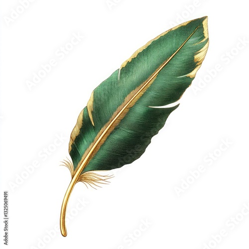 Green leaf with feather on white background symbolizing nature and literature