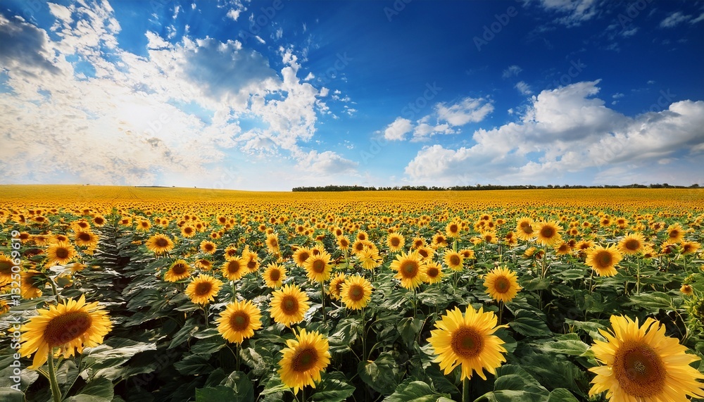 Fototapeta premium vibrant sunflower field under blue sky with fluffy clouds