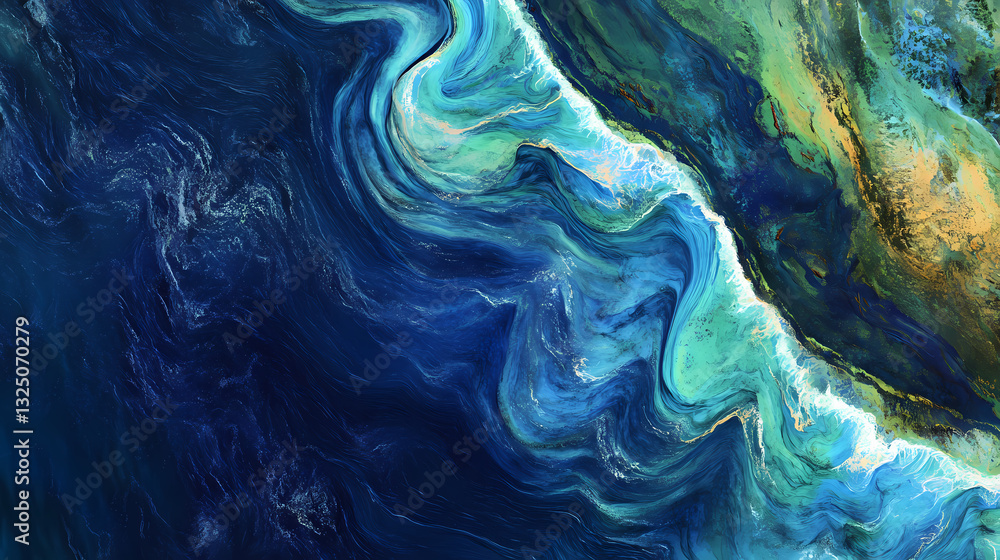 Obraz premium Aerial view of dynamic ocean waves with white foam, captured from above, showcasing swirling patterns in deep blues and greens. Hyperspectral Waves. Illustration