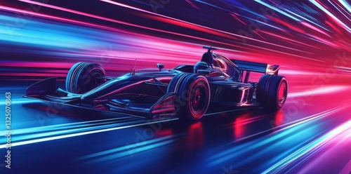A futuristic race car speeds through neon colored streaks of light