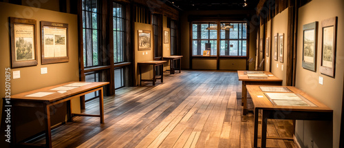 A spacious art gallery featuring wooden tables and framed artworks under warm lighting, creating an inviting atmosphere for visitors.