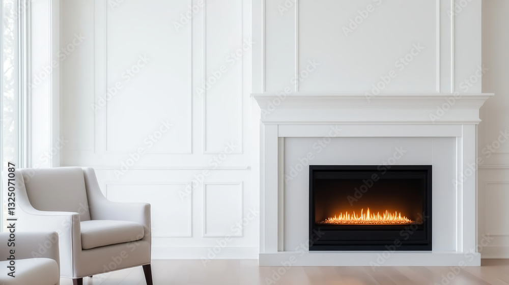 Cozy and stylish living room featuring a minimalist design with a sleek fireplace, white walls, and elegant armchairs, creating a warm and inviting atmosphere Cozy and stylish living room featuring a minimalist design with a sleek fireplace, white walls, and elegant armchairs, creating a warm and inviting atmosphere