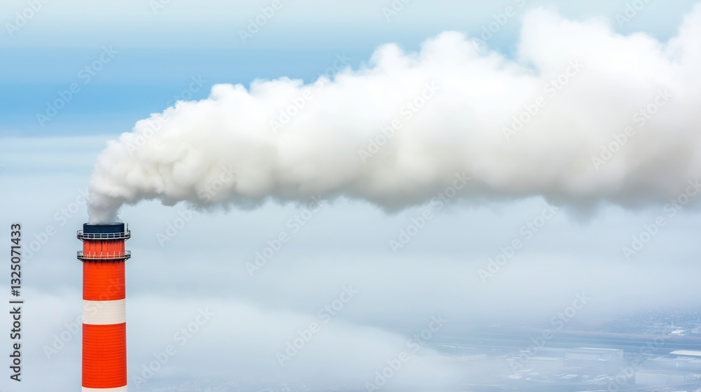 Massive industrial smokestack releasing thick gray smoke, polluting atmospheric environment and signaling ecological impact from manufacturing processes