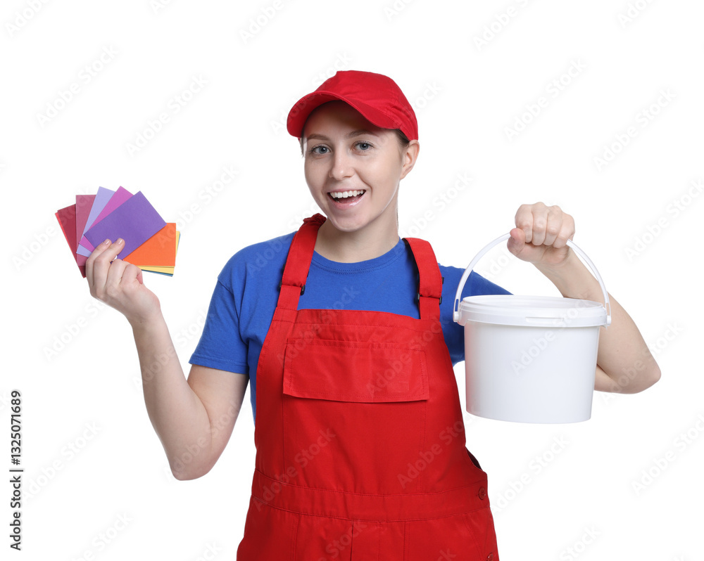 Professional painter with color samples and bucket of paint on white background Professional painter with color samples and bucket of paint on white background
