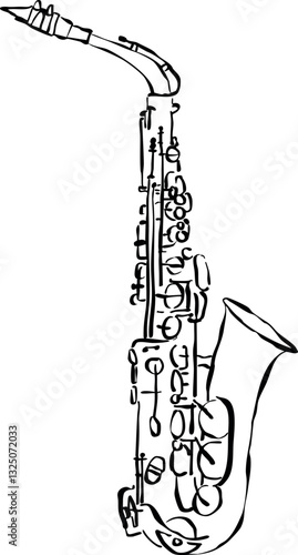 Ilustración vectorial de saxo. Boceto de saxofón. Garabato de instrumento musical. Ilustración para invitación, papelería y branding.