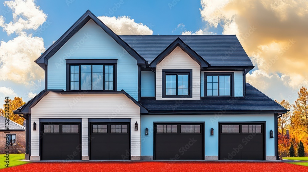 A two-story modern farmhouse with a gable roof, dressed in a tranquil blend of sky blue and ivory A two-story modern farmhouse with a gable roof, dressed in a tranquil blend of sky blue and ivory