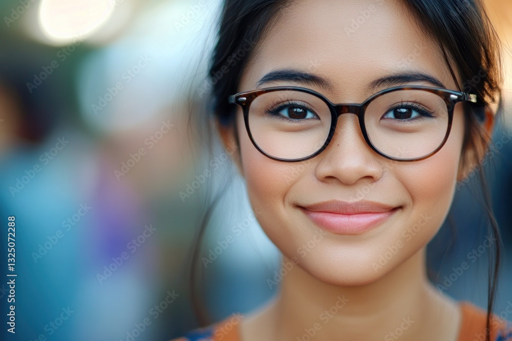 Young woman with glasses smiling warmly in a vibrant setting Young woman with glasses smiling warmly in a vibrant setting