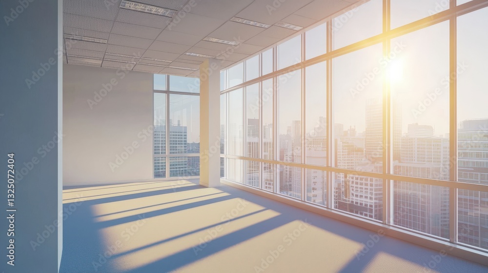 Fototapeta premium Empty office space with sunlit metropolitan view.