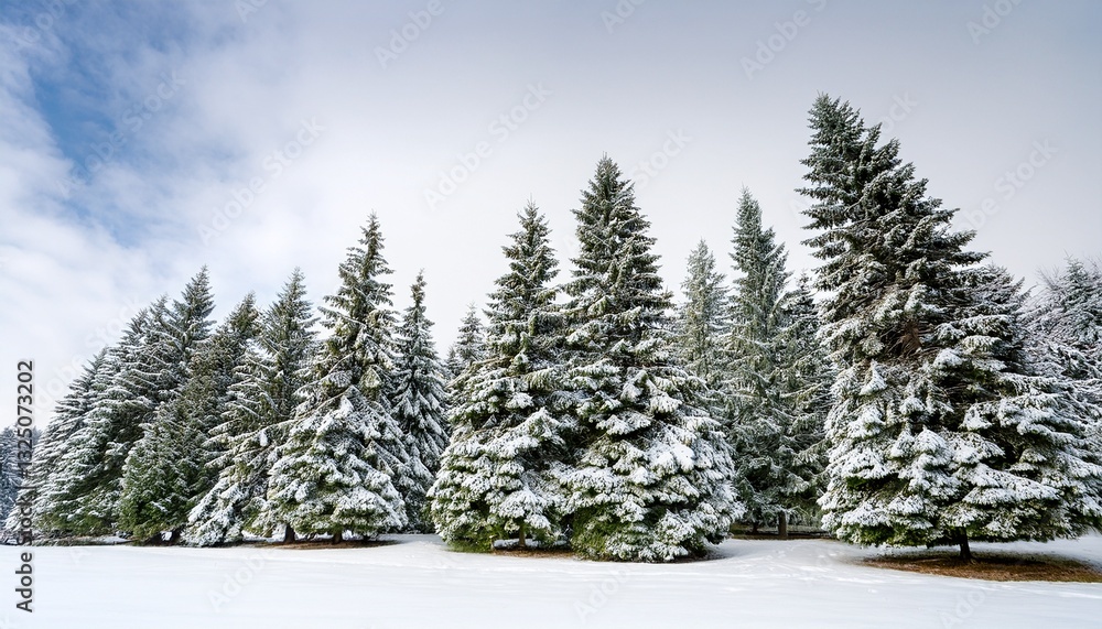 Fototapeta premium snow covered evergreen trees against white background in winter