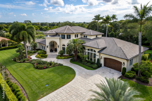 A beautiful aerial view of a luxurious home surrounded by lush greenery and palm trees, showcasing elegant architecture and manicured landscaping.