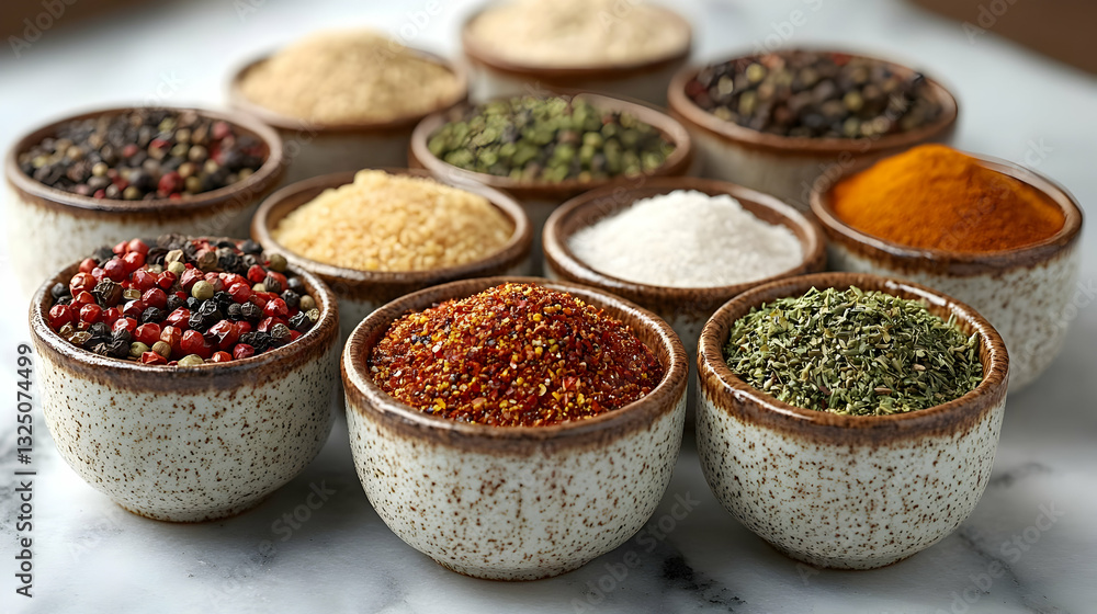 Assortment Of Small Bowls Filled With Various Spices And Herbs On Marble Surface Assortment Of Small Bowls Filled With Various Spices And Herbs On Marble Surface