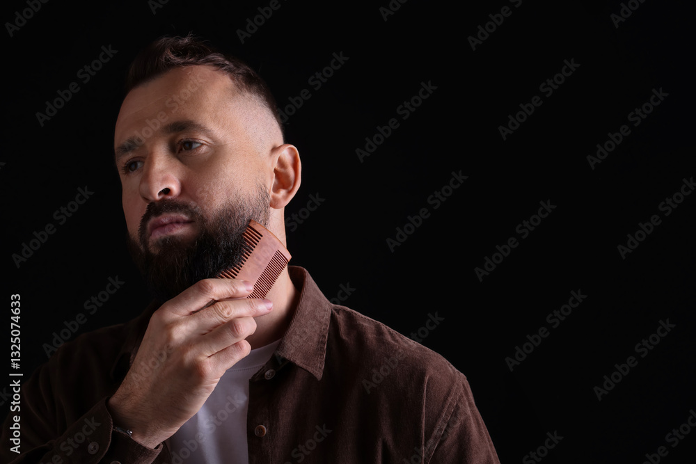 Handsome man combing beard on black background, space for text Handsome man combing beard on black background, space for text