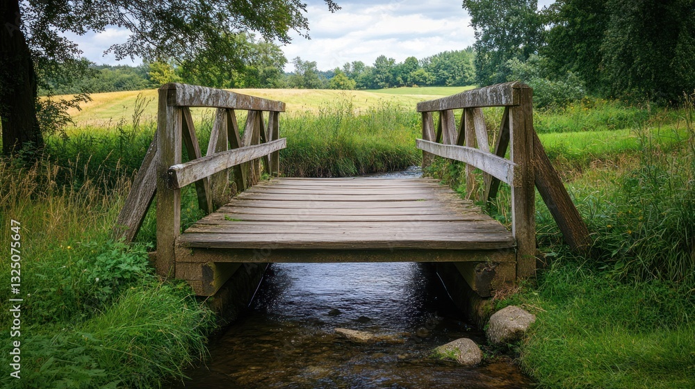 Tranquil scene of a rustic wooden bridge crossing a serene creek landscape Tranquil scene of a rustic wooden bridge crossing a serene creek landscape