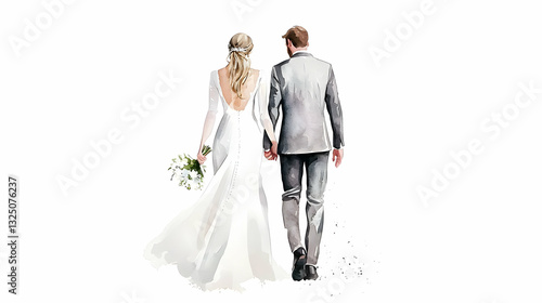 Watercolor Painting of Bride and Groom Walking Away Holding Hands in Elegant Gray and White Attire