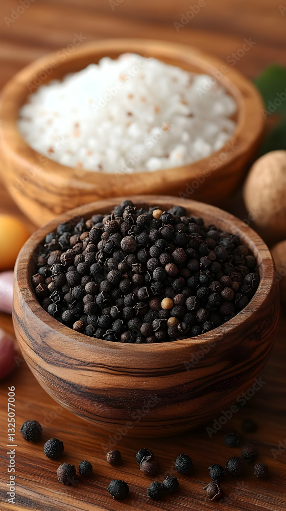 Black Peppercorns And Salt In Wooden Bowls Black Peppercorns And Salt In Wooden Bowls