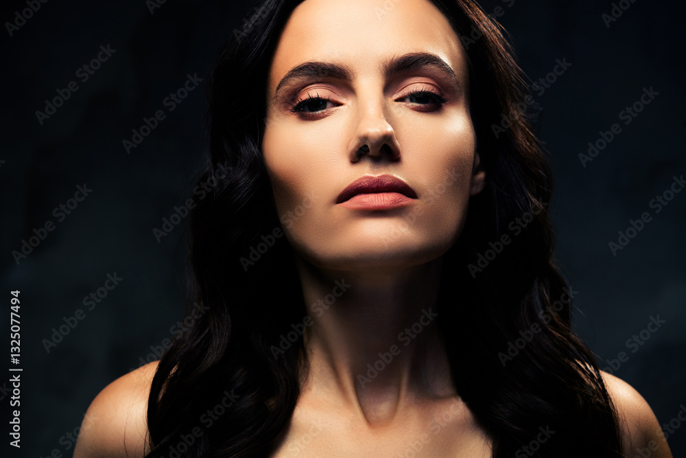 Portrait of a young brunette woman with captivating features against a dark background showcasing elegance and beauty. Portrait of a young brunette woman with captivating features against a dark background showcasing elegance and beauty.