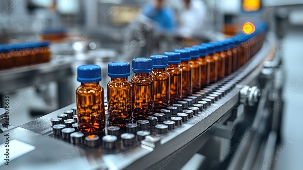 Pharmaceutical bottles on automated conveyor belt in factory Pharmaceutical bottles on automated conveyor belt in factory