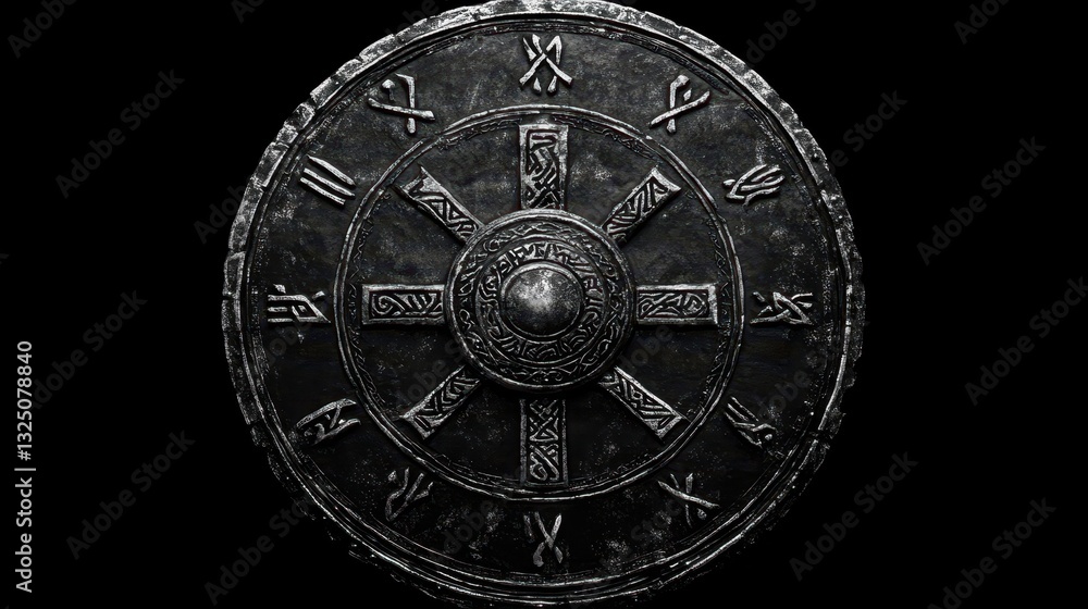 Obraz premium A Circular Metal Shield Adorned With Symbolic Engravings Depicted