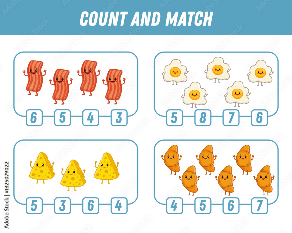 Obraz premium Education game for children count and match of cute Cartoon food character. Activity page. Cartoon cheese, bacon, fried egg, croissant. Vector