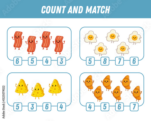 Education game for children count and match of cute Cartoon food character. Activity page. Cartoon cheese, bacon, fried egg, croissant. Vector