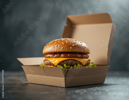 Delicious Burger in Takeout Box Ready to Eat at Home