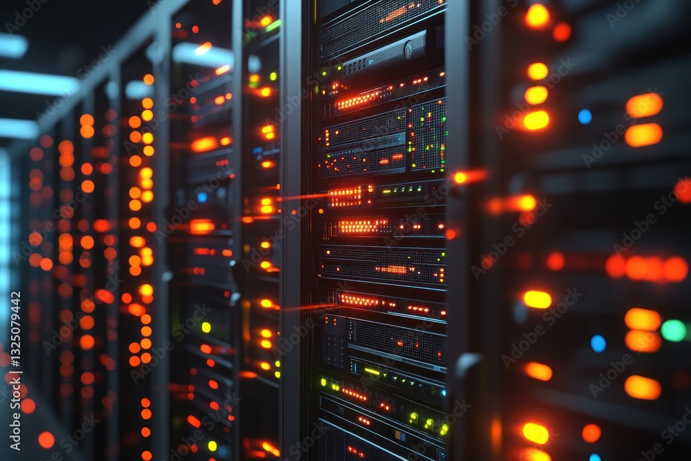 Data Center with Illuminated Servers and Network Activity Data Center with Illuminated Servers and Network Activity