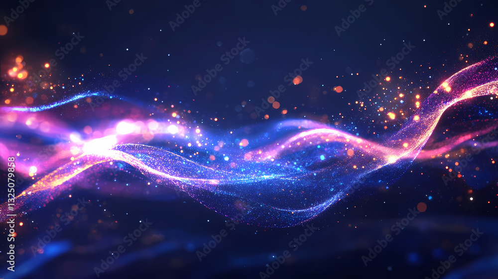 Fototapeta premium Abstract glowing wave of light and sparks creating a magical and dynamic energy flow on a dark background. Mystical Rays. Illustration