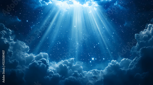 Divine mystical angelic blue background with cloudy sky rays of light and stars. Mystical Rays. Illustration