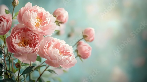 Peonies Arranged in a Bouquet for Mother's Day, Wedding or Valentines with Text Space on the Right, Light Green Background