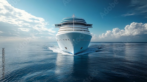 Front view of a large cruise ship sailing on a  sunny day with blue skies and calm ocean waters. Travel and leisure. © Anamarija