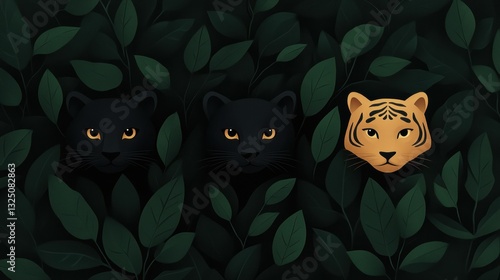 Stylized animal faces hidden among lush green leaves with a dark background