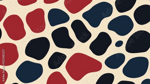 Abstract pattern in red, navy, and beige featuring organic shapes and smooth curves